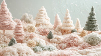 A scene of a forest with many trees made of yarn