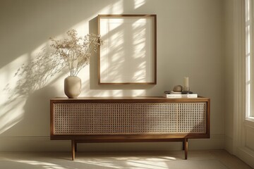 Modern Minimalist Living Room Interior with Wooden Cabinet and Dried Flowers