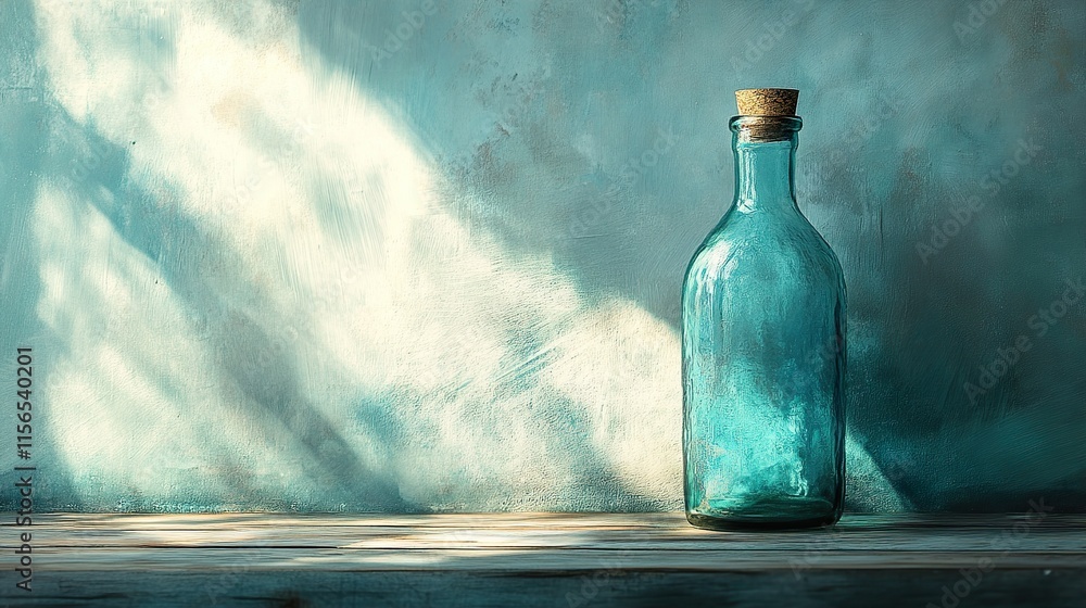 Poster A Teal Glass Bottle in Sunlight Still Life Photography