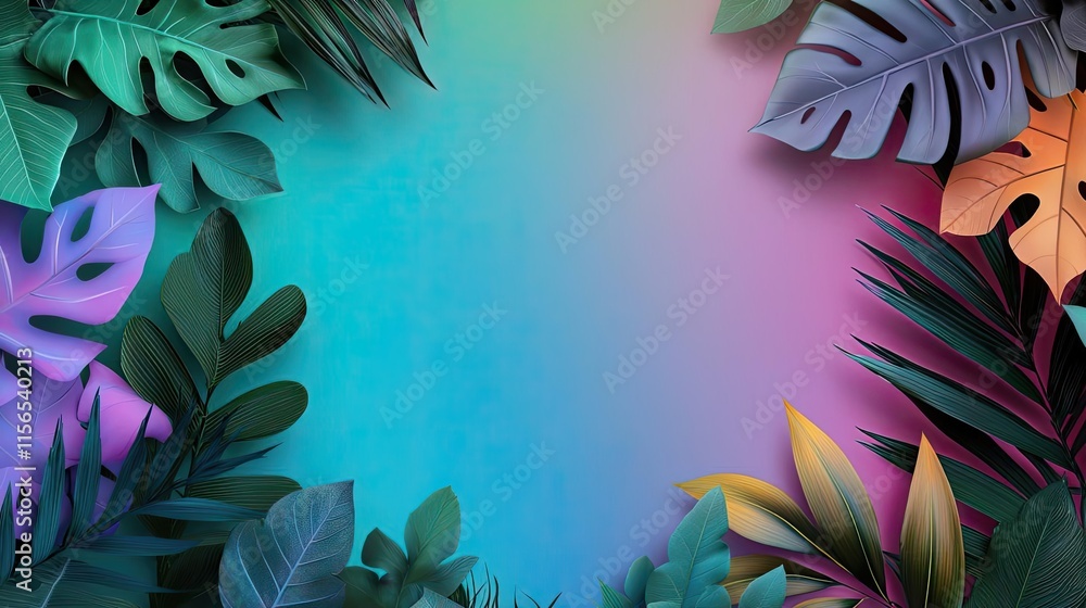 Poster foliage abstract background idea. vibrant digital leaves frame a colorful gradient background for cr