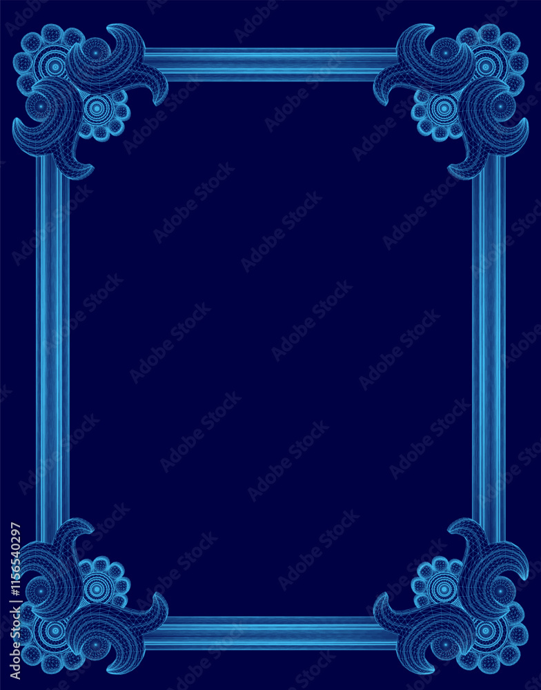 Poster blue frame with a floral design is displayed. the frame is made of blue and white materials and has 