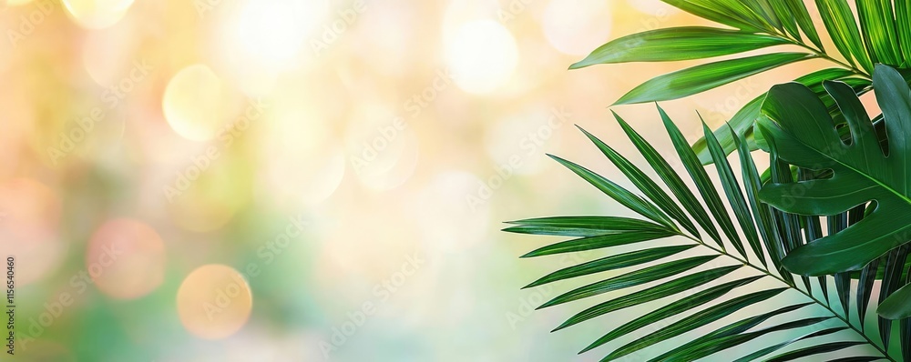 Poster foliage abstract background idea. lush green leaves with soft bokeh background for a serene nature v