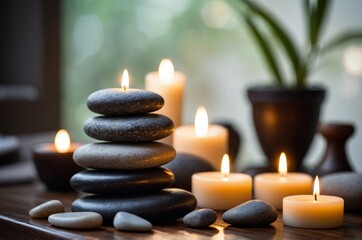 Candles and stones create serene ambiance in a calm indoor setting