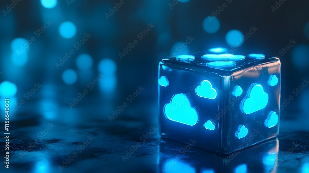 Poster illuminated cube displays cloud computing symbols