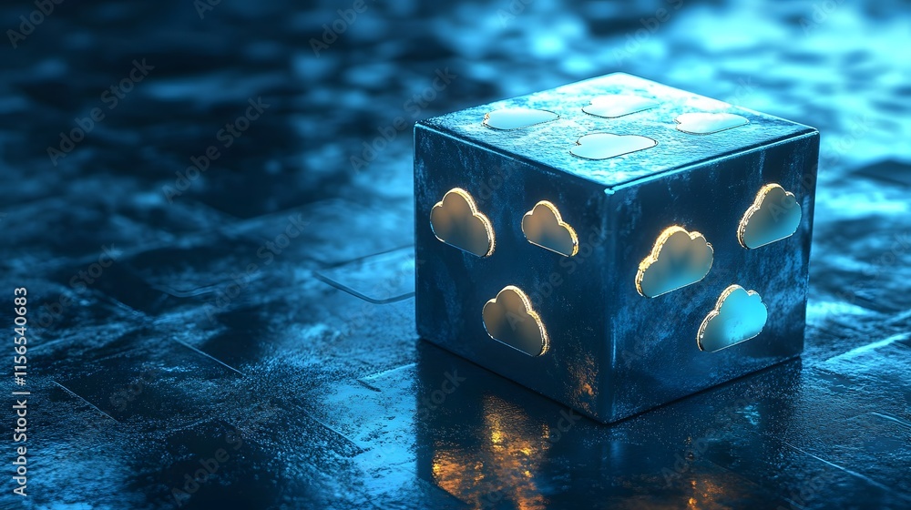 Poster illuminated cube displays cloud computing symbols