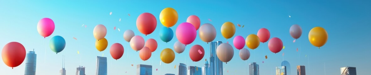 Colorful Balloons against a Bright Sky in a Cityscape