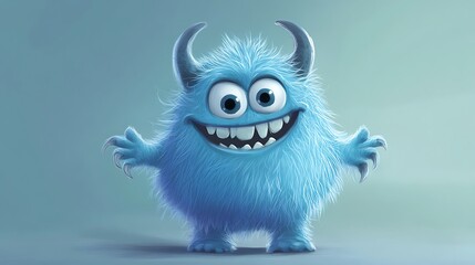Little cute goofy blue monster with little horns, fluffy hairy round creature cartoon design
