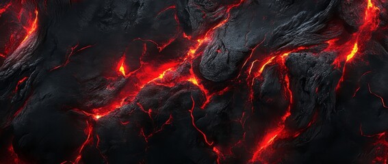 Abstract lava background with red and black color swirls of liquid fire flowing on a dark rock surface.