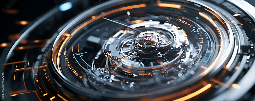 Poster futuristic circular mechanism, gears rotate precisely, illuminating advanced technology with warm or