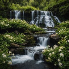 Obraz premium A waterfall surrounded by blooming flowers and lush greenery.