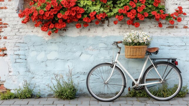 A vintage bicycle with a basket sits against a wall adorned with vibrant red flowers.