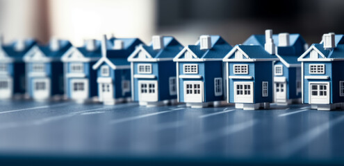 A small model of houses in blue and white colors. Real estate market growth