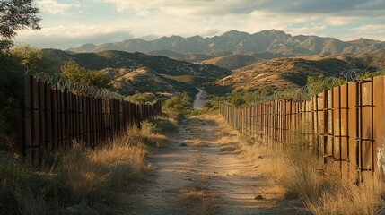 Obraz premium Desert Landscape with a Border Fence and Mountains