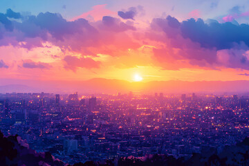 Sunset Cityscape, Vibrant Hues Paint Urban Canvas, Illuminating Buildings with Golden Light, Creating a Magical Atmosphere.