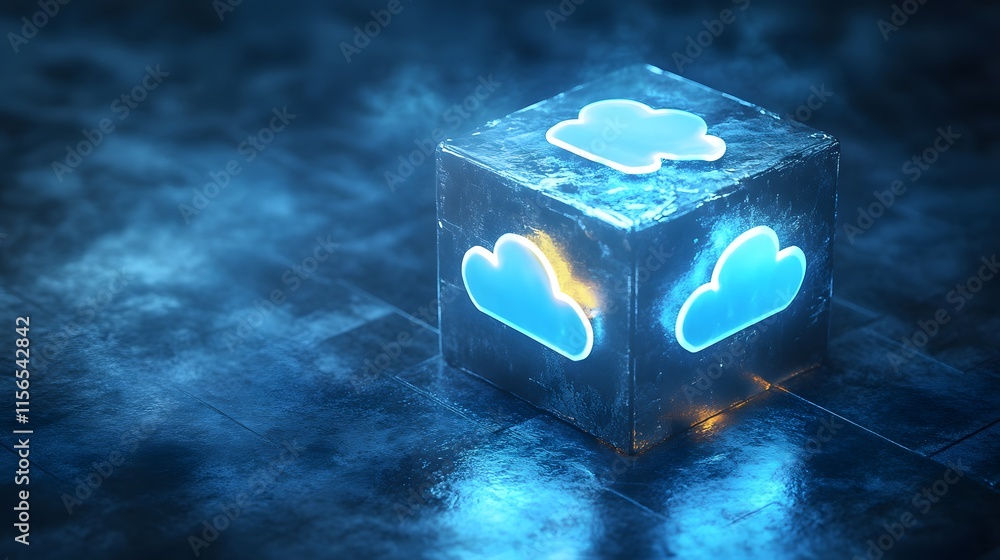 Poster illuminated cube displays cloud computing symbols