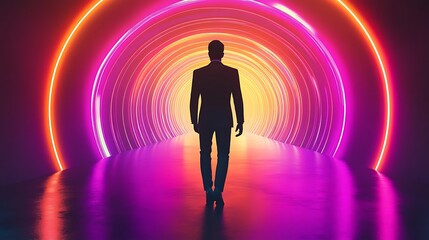 Man Walks Confidently Through Vibrant Neon Tunnel: Futuristic 3D Render Illustration. AI Generated