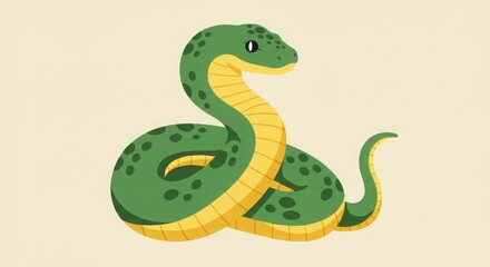 Fototapeta premium Cartoon snake, green scales, yellow underbelly, simplified design, flat illustration, coiled posture