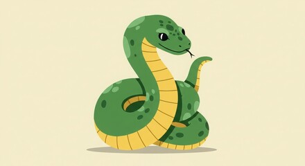Fototapeta premium Cartoon snake, green scales, yellow underbelly, simplified design, flat illustration, coiled posture