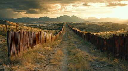 Obraz premium Sunset Landscape: Desert Road and Mountains