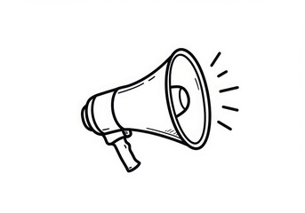 Minimalist megaphone icon, black and white illustration, simple line drawing, announcement