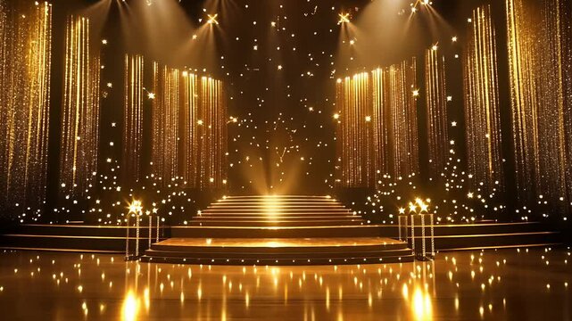 4K 3D award party stage golden stage glitter animation. Stars, lights and particles. Luxury gold light streak. Particle, luxury awards ceremony background, awards performance. 3D illustration
