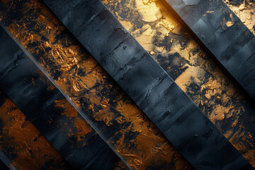 Abstract Textured Background with Diagonal Black and Gold Metallic Stripes Creating a Luxurious and Modern Industrial Design.