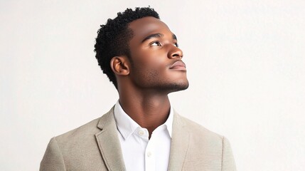 Obraz premium Visionary Gaze: A young Black man in a light beige suit gazes upward, lost in thought, conveying ambition, hope, and contemplation. His expression is serious yet hopeful. 