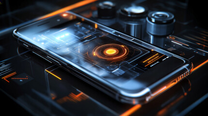 The camera is a hologram. Phone in isometric view. Technology photos mobile applications