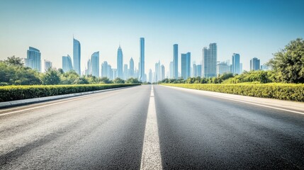 Obraz premium Peaceful urban landscape with straight road, trees, city empty asphalt road