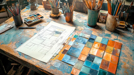 Obraz premium vibrant workspace with color samples and design sketches