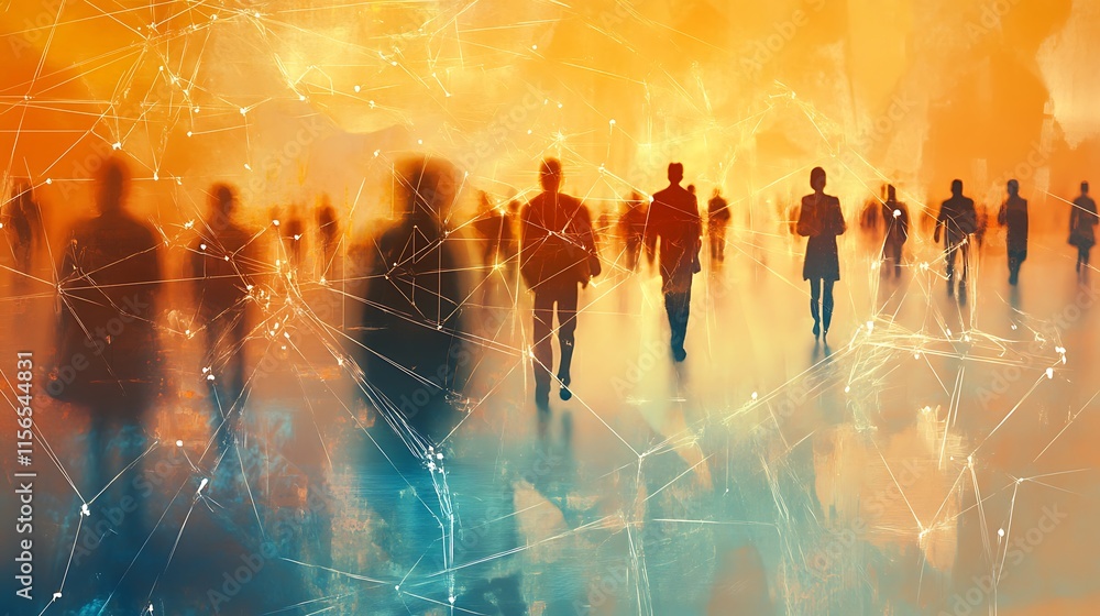 Poster silhouette of business people in cyber data theme with data nodes, connection and data transfer in b