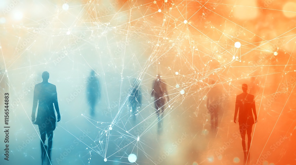 Poster silhouette of business people in cyber data theme with data nodes, connection and data transfer in b