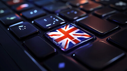 Computer keyboard, close-up button of the flag of UK. 3D render of a laptop keyboard