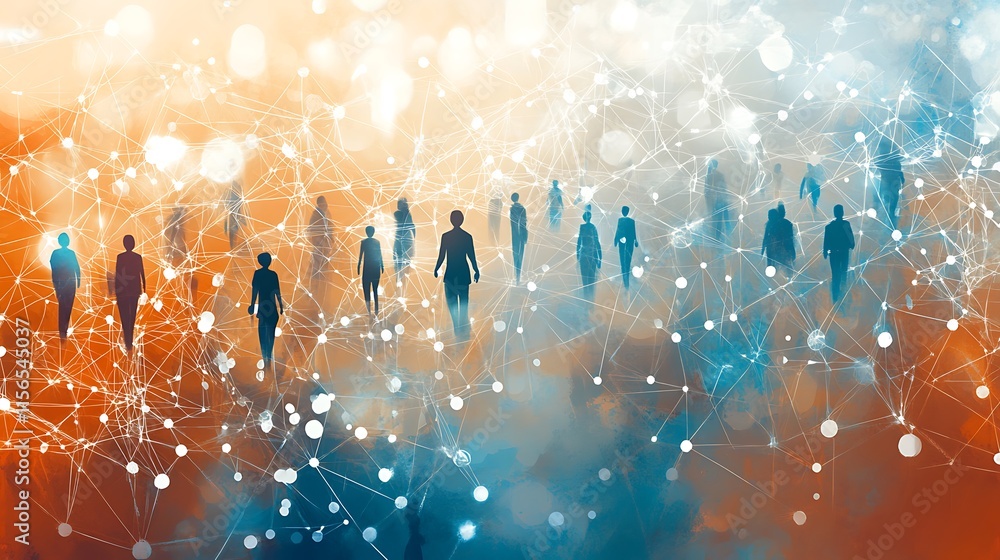 Aufkleber silhouette of business people in cyber data theme with data nodes, connection and data transfer in b