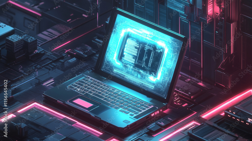 Poster hologram lock. the laptop is an isometric view. computer technology protection from hacking. future 