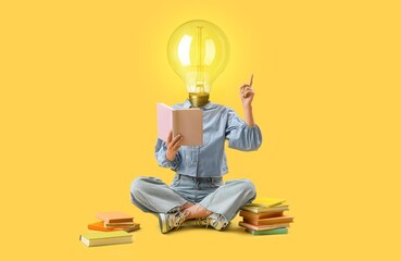 Woman with glowing light bulb instead of her head reading book on yellow background