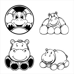 Cute Hippo Cartoon Characters Set