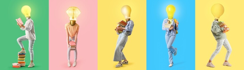 Collage of women with glowing light bulbs instead of their heads and with books on color background
