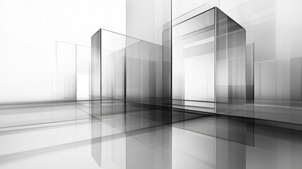 Fototapeta premium Minimalist gray and white abstract background with transparent glass rectangular shapes.