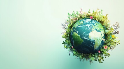 Planet earth with leaves and flowers around illustration and cream colored background, environment and green earth conceptual artwork design