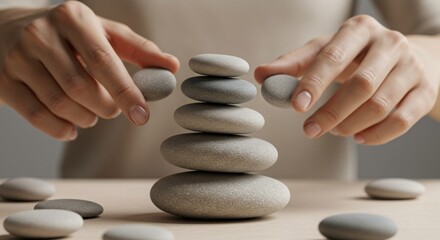 Zen stones balancing, close-up of hands stacking smooth pebbles, soft neutral colors, minimalist