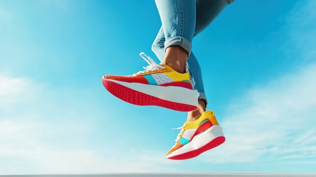 Person jumping mid-air wearing flashy trainers, energetic campaign 
