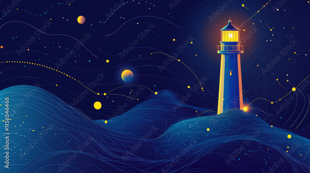 Poster abstract image of a lighthouse in the form of a starry sky or space, consisting of points, lines, an