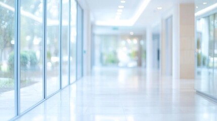 Modern Long Corridor with High Ceiling and Glass Blurred hotel or office