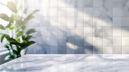 Modern bathroom interior with white marble countertop, grid-like Empty table
