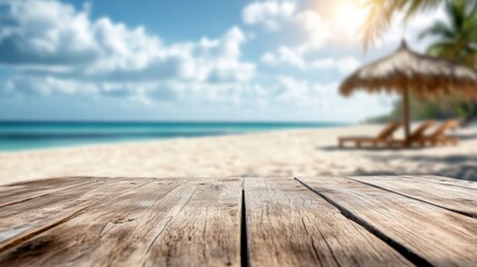 Fototapeta premium Tropical beach landscape with azure sky, radiant sun, Empty rustic wooden table