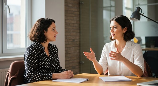 Professional office setting, two women in conversation, warm natural lighting, polka dot blouse - Powered by Adobe