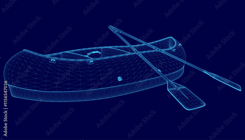 Poster blue image of a canoe with a paddle on top of it. the image is a digital of a canoe and paddle