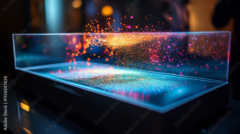 Poster hologram front loader. holographic projection front loader. flickering energy flux of particles.