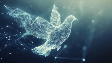 The hologram is a dove. A dove made of polygons, triangles of dots and lines. Pigeon is a low-poly compound structure. Technology concept vector.